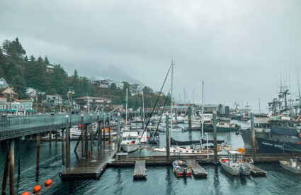 Boats docked in Ketchikan, Alaska. This is the view a cruise ship passenger on a cruise in Alaska would see if they were going ashore to try all of the Alaskan food recommended in the food bucket list.