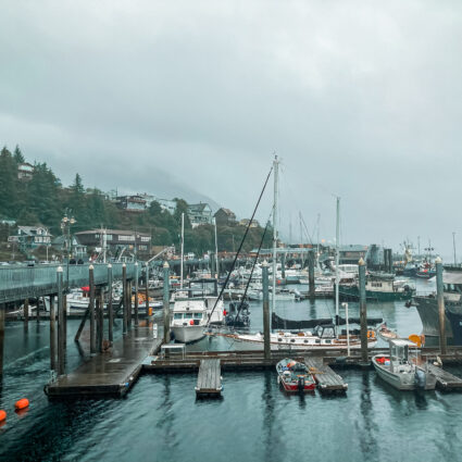 Boats docked in Ketchikan, Alaska. This is the view a cruise ship passenger on a cruise in Alaska would see if they were going ashore to try all of the Alaskan food recommended in the food bucket list.